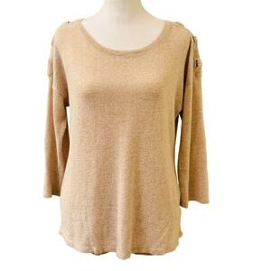 Verve Ami Beige Brown 3/4 Sleeve Drop Shoulder Soft Sweater Silver Accent Size M
